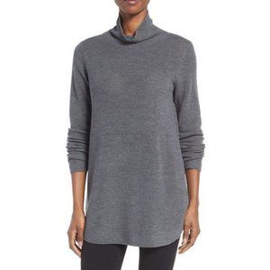 Eileen Fisher Fine Rib Knit Merino Turtleneck Tunic Pullover Grey Size S
